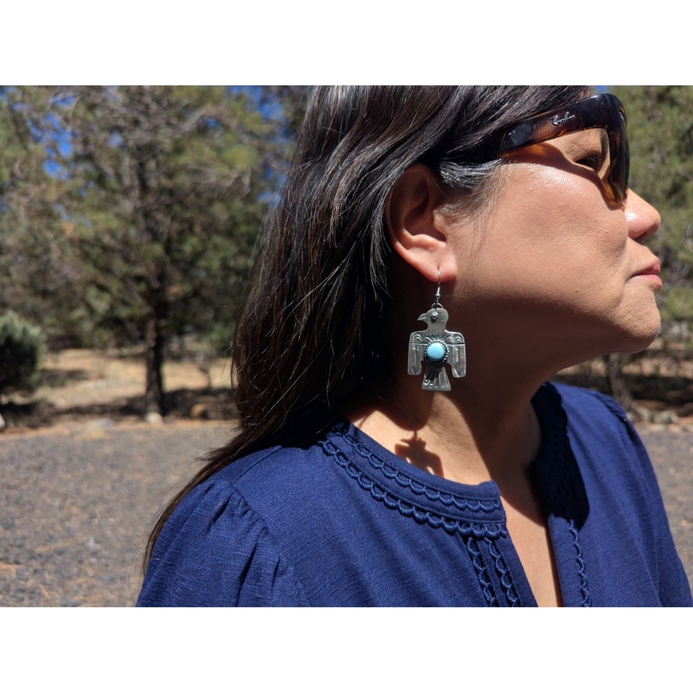 Navajo Thunderbird Golden Hills Turquoise Earrings Handmade NA Sterling Jewelry* - Picture 11 of 11